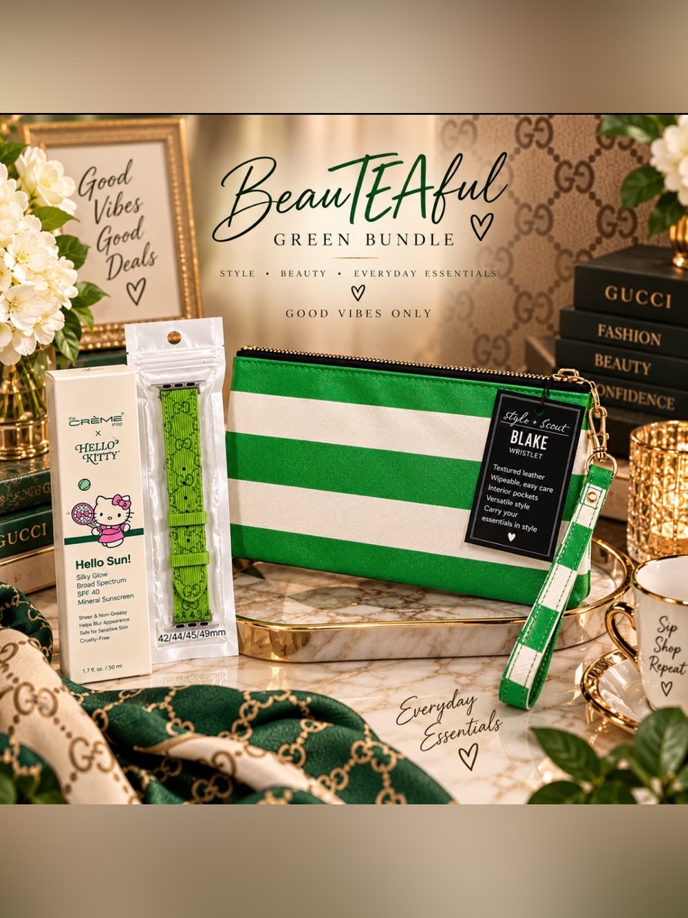 Green and White Striped Blake Wristlet Pouch with Detachable Strap